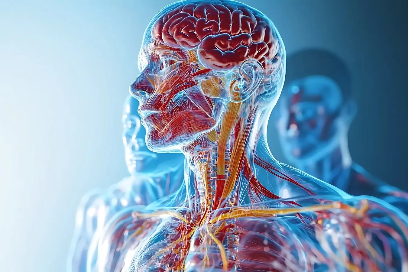 Illustration of the human nervous system highlighting the brain, spinal cord, and peripheral nerves.